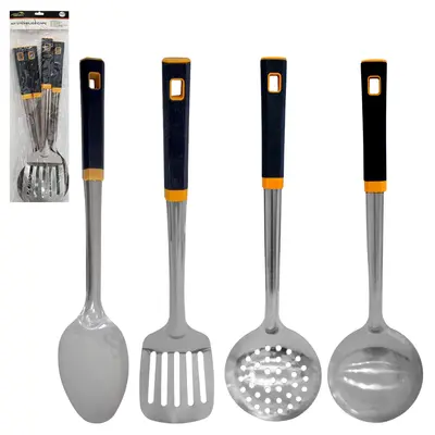 KIT UTENSILIOS COM COLHER ARROZ + CONCHA + ESCUMADEIRA E ESPATULA VAZADA DE INOX CABO PLASTICO TOP CASA