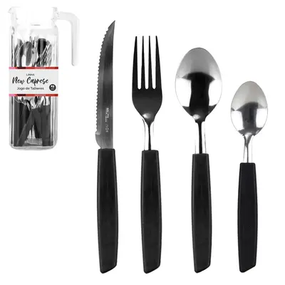 CONJUNTO DE TALHERES / FAQUEIRO DE INOX COM 24 PECAS CABO PLASTICO PRETO + JARRA DE VIDRO NEW CAPRESE