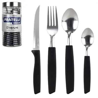 CONJUNTO DE TALHERES / FAQUEIRO DE INOX COM 24 PECAS CABO PLASTICO PRETO + POTE DE VIDRO REDONCO VENEZA
