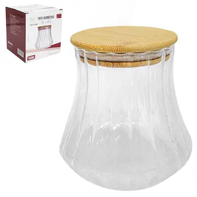 POTE DE VIDRO BOROSSILICATO REDONDO CANELADO COM TAMPA HERMETICA MADEIRA / BAMBU 700ML