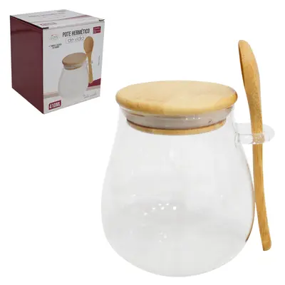 POTE DE VIDRO BOROSSILICATO LISO BOJUDO COM ALCA + COLHER E TAMPA HERMETICA MADEIRA / BAMBU 410ML