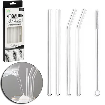 CANUDO DE VIDRO RETO / CURVADO LONGO REUTILIZAVEL 4 PECAS + ESCOVA HIGIENICA
