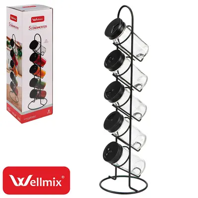 PORTA CONDIMENTO DE VIDRO COM 5 PECAS 90ML + SUPORTE ARAMADO VERTICAL BLACK