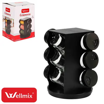 PORTA CONDIMENTO DE VIDRO / PLASTICO COM 6 PECAS 90ML + SUPORTE GIRATORIO QUADRADO MALTA PRETO