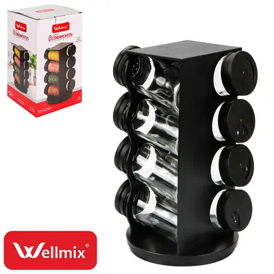 PORTA CONDIMENTO DE VIDRO / PLASTICO COM 8 PECAS 90ML + SUPORTE GIRATORIO QUADRADO MALTA PRETO