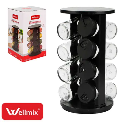 PORTA CONDIMENTO DE VIDRO / PLASTICO COM 8 PECAS 90ML + SUPORTE GIRATORIO REDONDO DAVOS PRETO