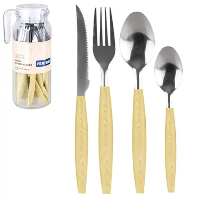 CONJUNTO DE TALHERES / FAQUEIRO DE INOX COM 24 PECAS CABO PLASTICO + JARRA DE VIDRO CAPRESE WOODEN NATURE