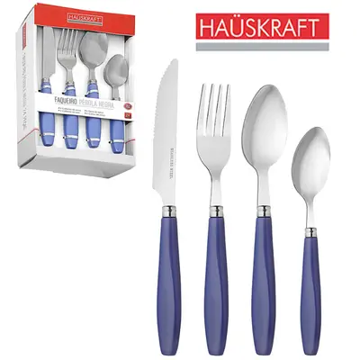 CONJUNTO DE TALHERES / FAQUEIRO DE INOX COM 24 PECAS CABO ACRILICO PEROLA AZUL HAUSKRAFT
