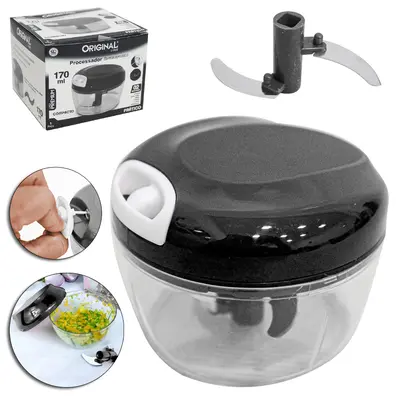 PROCESSADOR DE ALIMENTOS MANUAL A CORDA COM 2 LAMINAS DE INOX PREMIUM PRETO 170ML 6,5X9CM DE Ø