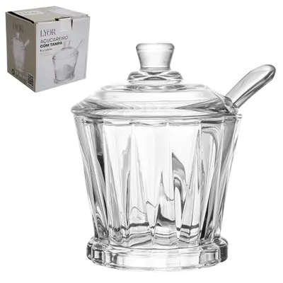 ACUCAREIRO / PORTA CONDIMENTO DE VIDRO CRISTAL RADIAL COM TAMPA + COLHER DE ACRILICO 210ML