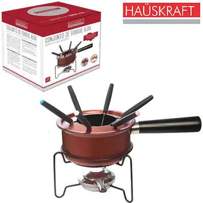 JOGO DE FONDUE DE METAL ALBA COM 6 GARFOS / PANELA / SEPARADOR / SUPORTE HAUSKRAFT 1L
