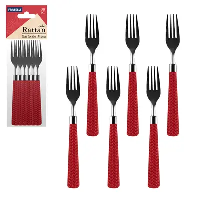 GARFO DE MESA DE INOX CABO PLASTICO RATTAN VERMELHO COM 6 PECAS 19,5CM