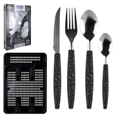 CONJUNTO DE TALHERES / FAQUEIRO DE INOX COM 24 PECAS CABO PLASTICO + PORTA TALHER CAPRESE PRETO GRANITO