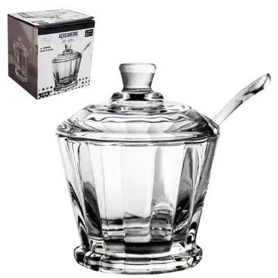 ACUCAREIRO / PORTA CONDIMENTO DE VIDRO COM TAMPA + COLHER DE ACRILICO 170ML