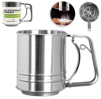 POLVILHADOR / PENEIRA DE INOX TIPO CANECA COM GATILHO 18,5X13X12,5CM DE Ø