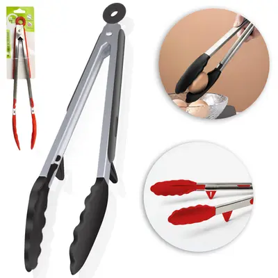 PEGADOR MULTIUSO DE SILICONE VERMELHO E PRETO COM CABO DE INOX E PE APOIO DE DESCANSO + MOLA E TRAVA 34CM