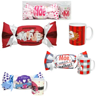 ALMOFADA MINI CHEIA DE POLIESTER BALA COM CANECA DE PLASTICO MAE SORTIDAS 350ML