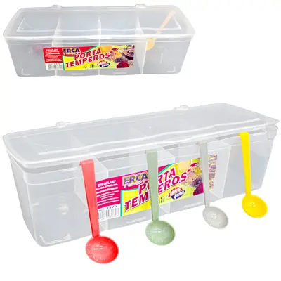 PORTA CONDIMENTO DE PLASTICO COM 4 DIVISORIAS + 4 COLHERES