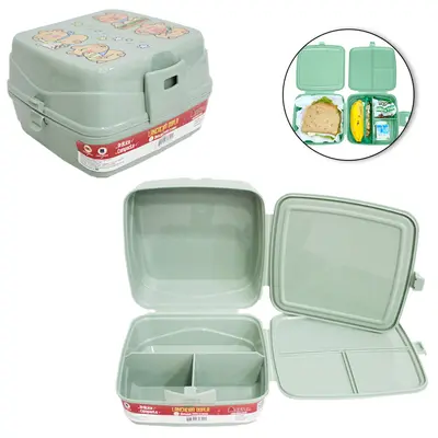 LANCHEIRA DE PLASTICO VERDE CAPIVARA QUADRADO DUPLA COM 4 DIVISORIAS + TRAVA 15X14,5X9,5CM