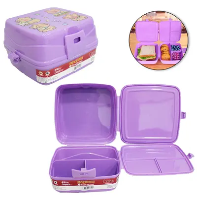 LANCHEIRA DE PLASTICO LILAS CAPIVARA QUADRADO DUPLA COM 4 DIVISORIAS + TRAVA 15X14,5X9,5CM