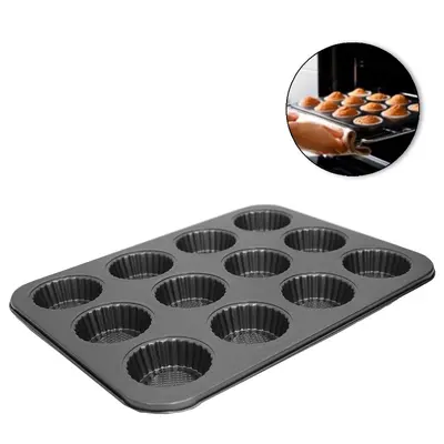 FORMA ASSADEIRA DE ACO CARBONO ANTIADERENTE PARA CUPCAKE COM 12 CAVIDADES 35X26X2CM