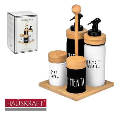 GALHETEIRO DE VIDRO COM 4 PECAS 220 / 90ML COM TAMPA E SUPORTE DE BAMBU LINHA SERVIR DOHA HAUSKRAFT PREMIUM