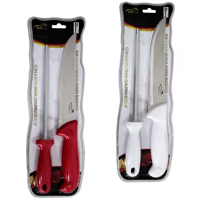 CONJUNTO DE FACA DE CHURRASCO 8'' + CHAIRA 7,5'' INOX CABO PLASTICO TOP CASA