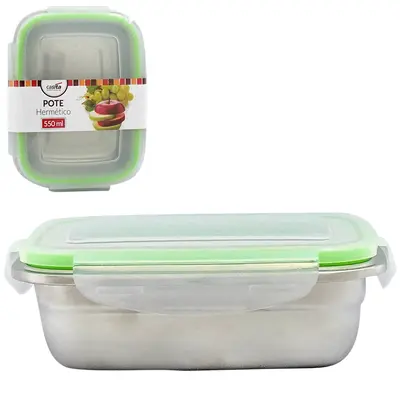 POTE RETANGULAR DE INOX COM TAMPA HERMETICA E TRAVA 550ML