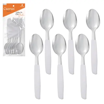 COLHER DE CHA INOX CABO PLASTICO BRANCO BALI COM 6 PECAS 13,5CM