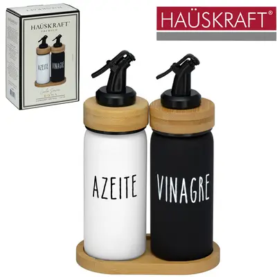 AZEITEIRO COM VINAGREIRO DE VIDRO COM TAMPA + GOLA E SUPORTE DE BAMBU LINHA SERVIR DOHA HAUSKRAFT PREMIUM 220ML