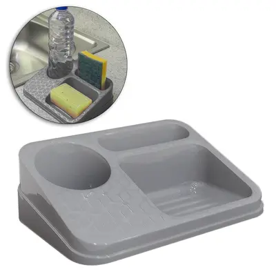 PORTA DETERGENTE / ESPONJA / SABAO DE PLASTICO CINZA 20,5X14X7CM