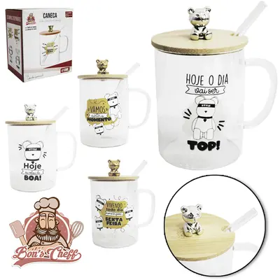 CANECA DE VIDRO BOROSSILICATO FRASES URSO 410ML + CANUDO COM TAMPA DE BAMBU BONS CHEFF