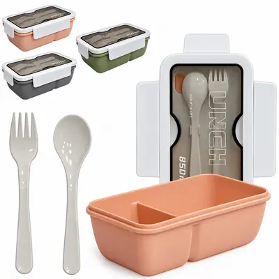 MARMITA DE PLASTICO RETANGULAR COM 2 DIVISORIAS + COLHER E GARFO 850ML 19,5X12X7CM