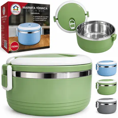 MARMITA TERMICA DE INOX / PLASTICO REDONDO COM TAMPA + TRAVA E ALCA 700ML 8X15CM DE Ø