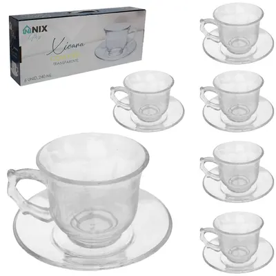 JOGO DE XICARA DE VIDRO COM PIRES PARA CHA TRANSPARENTE COM 12 PECAS 240ML