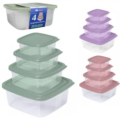 CONJUNTO DE ORGANIZADOR DE PLASTICO QUADRADO PMG / GG HOME COM TAMPA 4 PECAS 1380 / 690 / 380 / 230ML