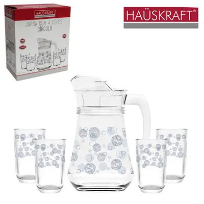 JARRA DE VIDRO CIRCULO 1,35L COM TAMPA DE ACRILICO + 4 COPOS 265ML HAUSKRAFT