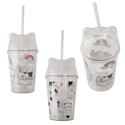 COPO COM TAMPA E CANUDO DE PLASTICO ANIMAIS 550ML