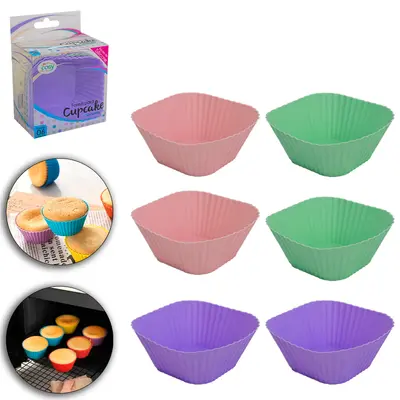 FORMA DE SILICONE QUADRADA PARA CUPCAKE COLORS COM 6 PECAS 7X3CM