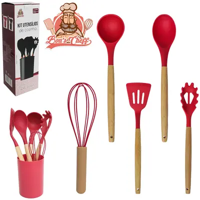 KIT UTENSILIOS ESPATULA / COLHER / PEGADOR / CONCHA / BATEDOR CLARA FOUET SILICONE + ESCORREDOR VERMELHO BONS CHEFF