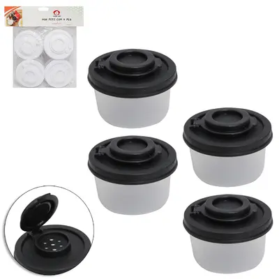 CONJUNTO DE MINI POTE / PORTA CONDIMENTO DE PLASTICO REDONDO COM TAMPA 4 PECAS 50ML 3,8X5,5CM DE Ø