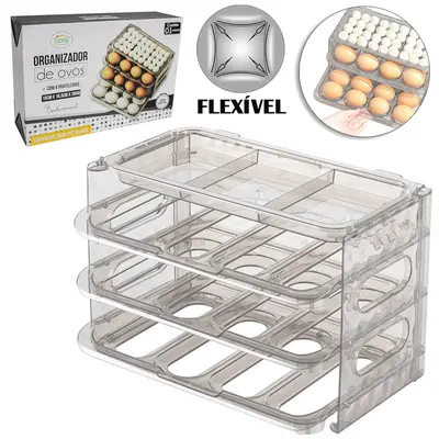 ORGANIZADOR PORTA OVOS COM 4 PRATELEIRAS DE PLASTICO PET FLEXIVEL 28X18,5X15CM
