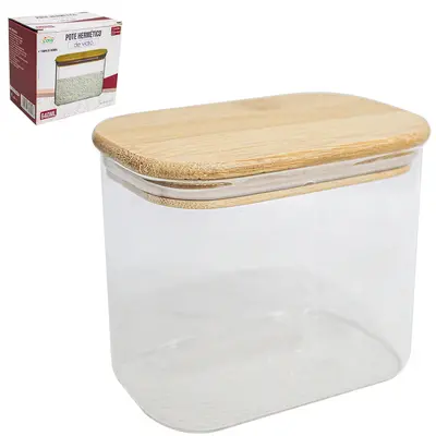 POTE DE VIDRO BOROSSILICATO LISO RETANGULAR COM TAMPA HERMETICA DE MADEIRA / BAMBU 640ML
