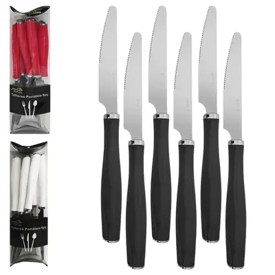 FACA DE MESA DE INOX CABO PLASTICO BRANCO / PRETO / VERMELHO TOP CASA COM 6 PECAS 21CM NO TUBO