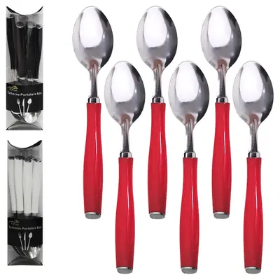 COLHER DE MESA DE INOX CABO PLASTICO BRANCO / PRETO / VERMELHO TOP CASA COM 6 PECAS 19,5CM NO TUBO