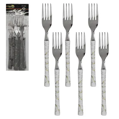 GARFO DE MESA DE INOX CABO PLASTICO MARMORE BRANCO / PRETO TOP CASA COM 6 PECAS 19,5CM