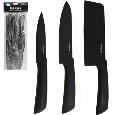 CONJUNTO DE FACA DE COZINHA DE INOX COM PROTETOR CABO PLASTICO 3 PECAS
