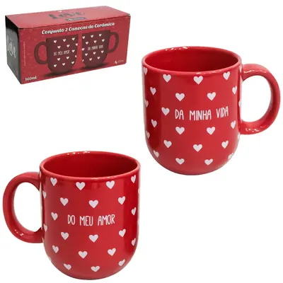 JOGO DE CANECA DE PORCELANA COLECAO LOVE VERMELHA COM 2 PECAS 220ML