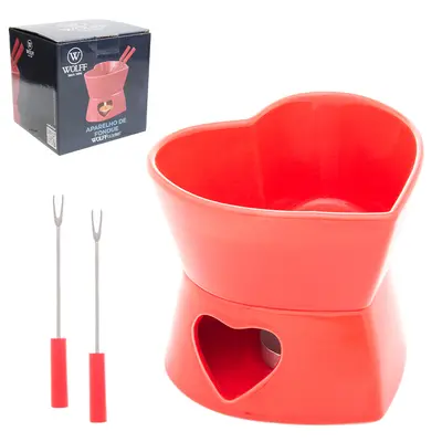 JOGO DE FONDUE DE PORCELANA CORACAO COM 2 GARFOS + PANELA + SUPORTE E VELA VERMELHO WOLFF GOURMET 400ML
