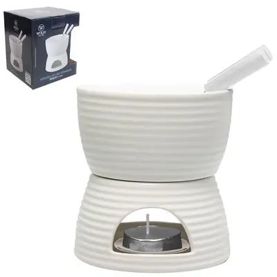 JOGO DE FONDUE DE PORCELANA REDONDO COM 2 GARFOS + PANELA + SUPORTE E VELA BRANCO WOLFF GOURMET 300ML